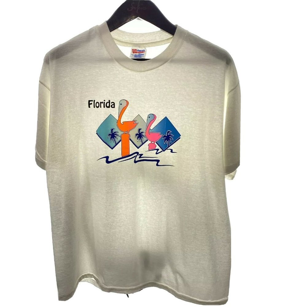 Florida Pink Pelican L T-shirt Vintage USA Made Materials White Single Stitch